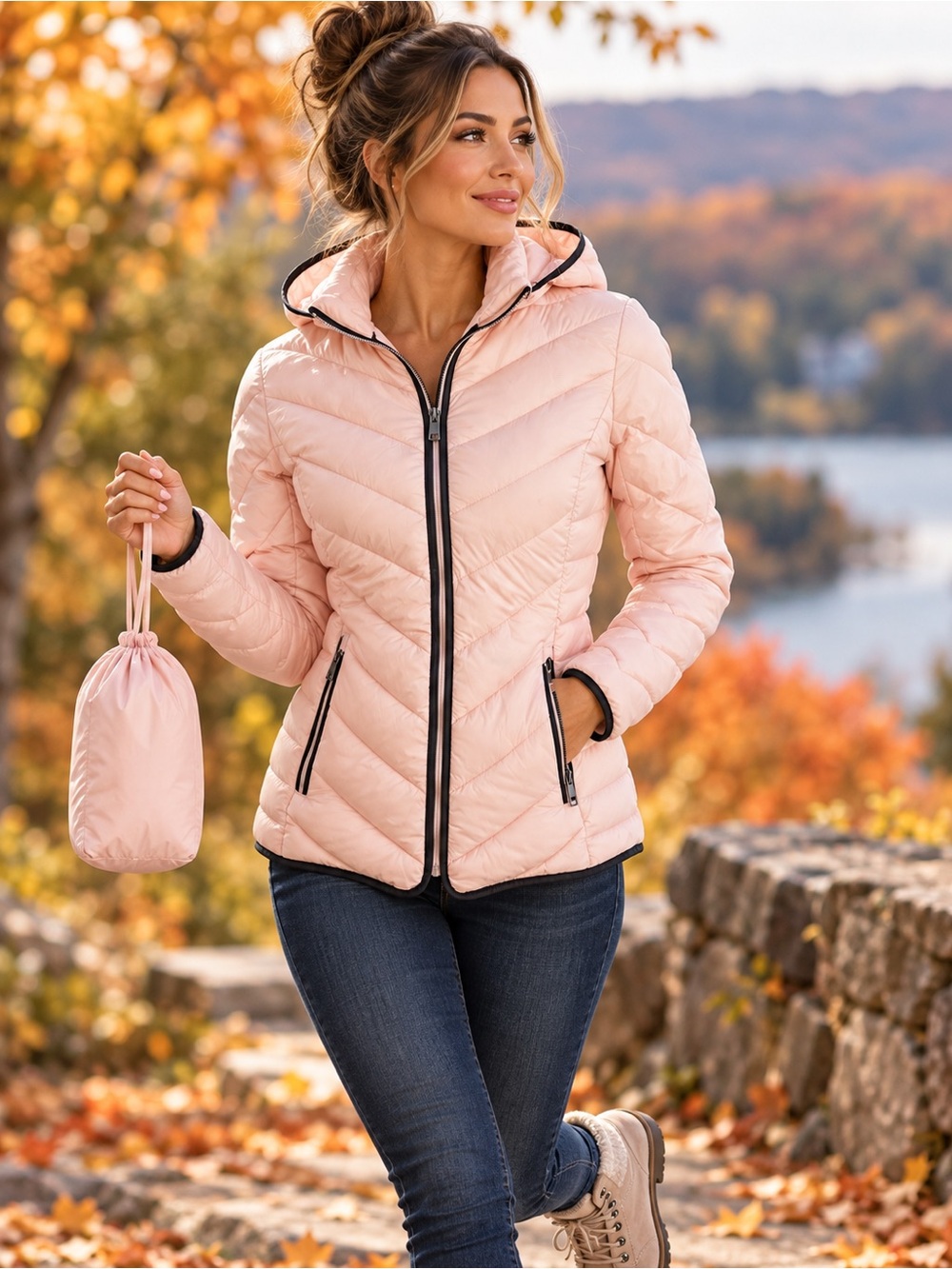 NWT RW&CO Blush Pink Packable Down Puffer Jacket Hooded S